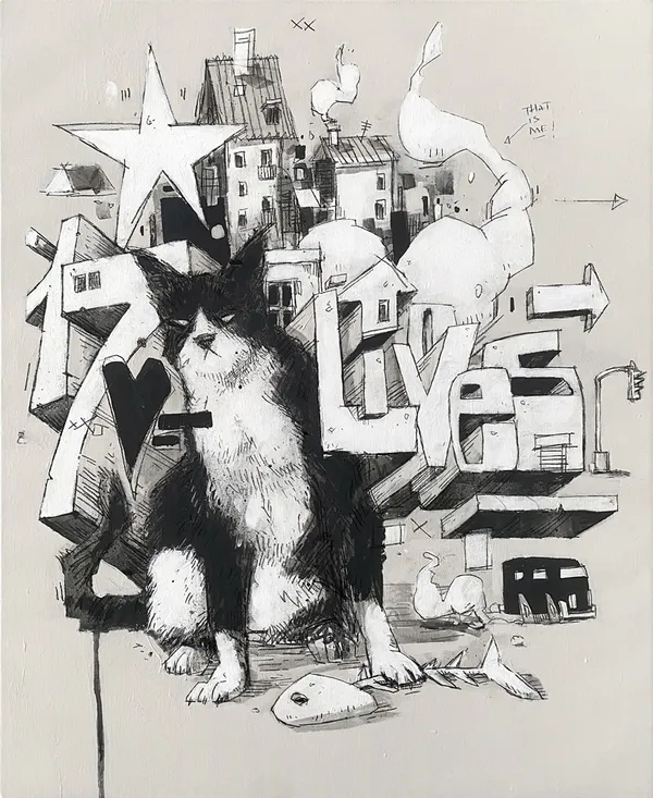 Black and white painting of a cat sitting with its paw on a fish bone in from a floating city landscape with the words "17 Lives" in block letters on a gray background