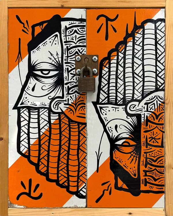 GATS All Mixed Up, 2026 enamel on repurposed road block Artwork: 18 3/8 x 14 1/2 in 20 1/8 x 16 in 51 x 40.8 cm