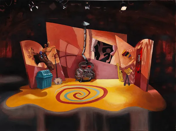 Painting of a set with a yellow flour and a red and blue swirl in the middle, there is a moose head hanging above a blue chest and a wood burning stove in the back
