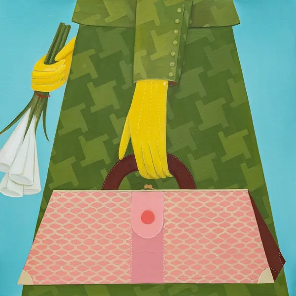 painting of a woman wearing a vivid green patterned coat, yellow gloves, and carrying a pink patterned purse in one hand and white flowers in the other by Angela Burson