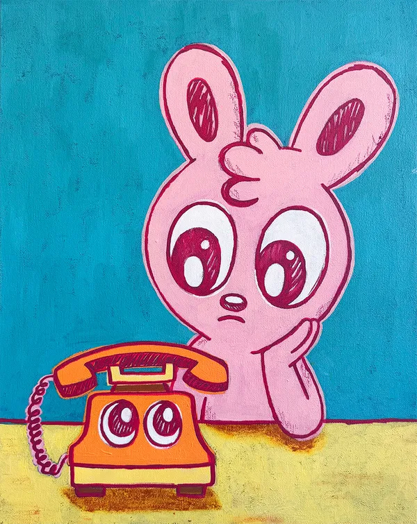 Painting of a pink bunny sitting at a table looking at an orange phone