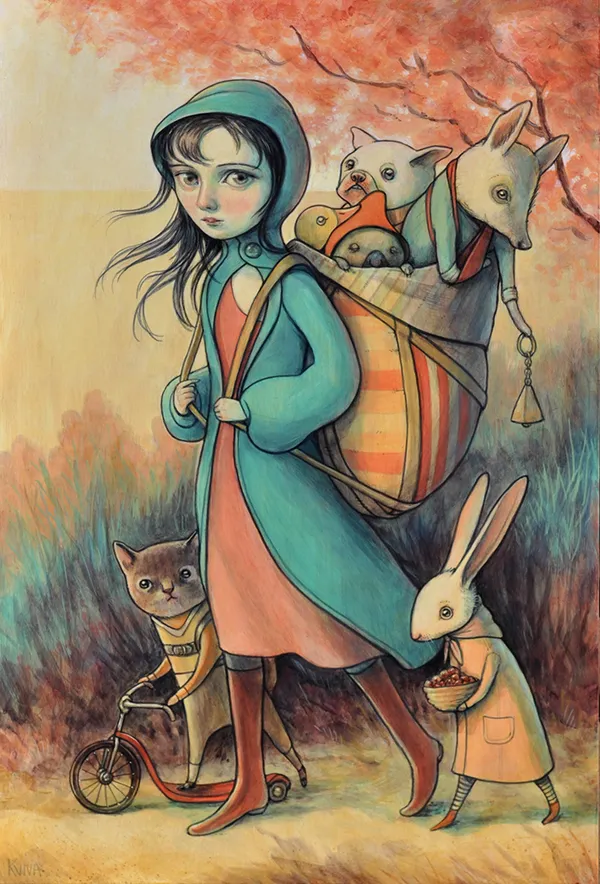 Painting of a girl in a long blue jacket carrying animals in a bag next to a rabbit holding a bowl and a cat with a scooter