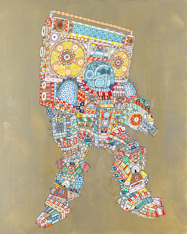 A painting by ferris Plock of an astronaut-like character with a boombox on his back. There is a major use of bright vivid patterns and colors.