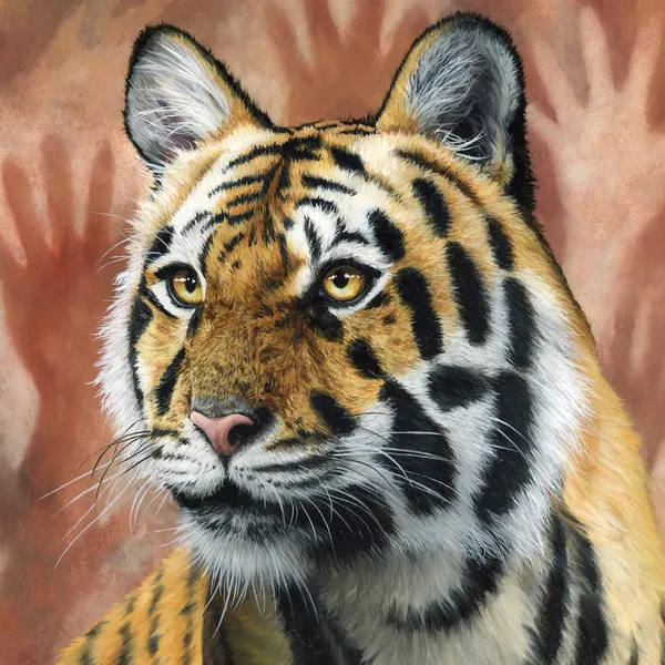 Jon Ching painting of tigers face with hands in background