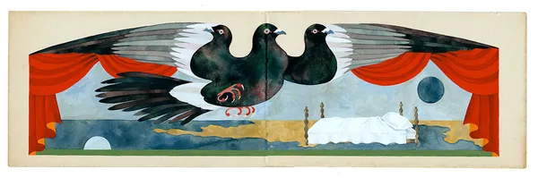 Watercolor painting of a three headed pigeon flying above a bed on a shoreline