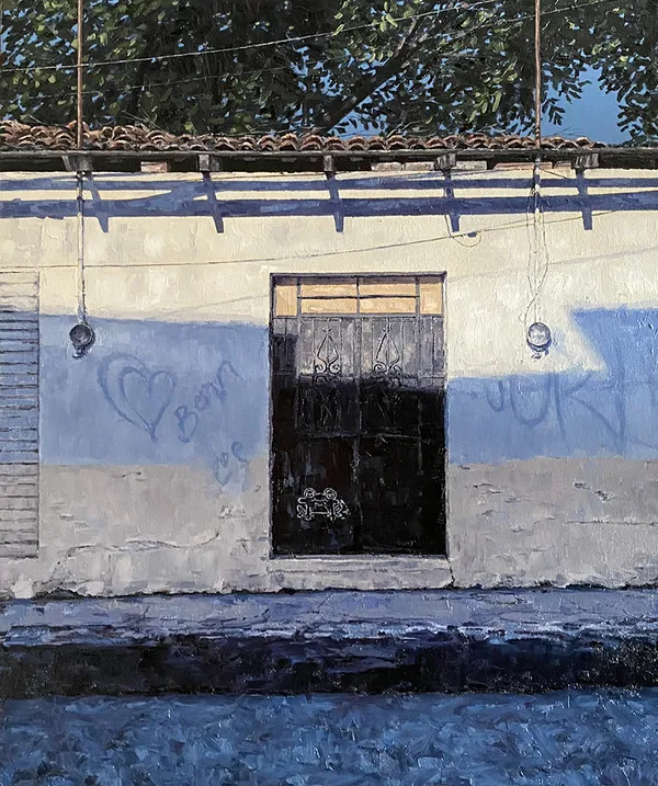 Painting of a cement building with a black door with a shadow across it