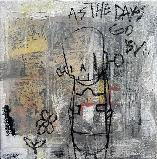 black outline of robot and flower with the words "As The Days Go By..." inscribed