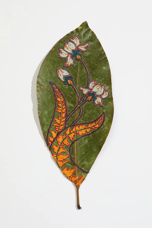 Hillary Waters Fayle hand embroidered floral design on leaf