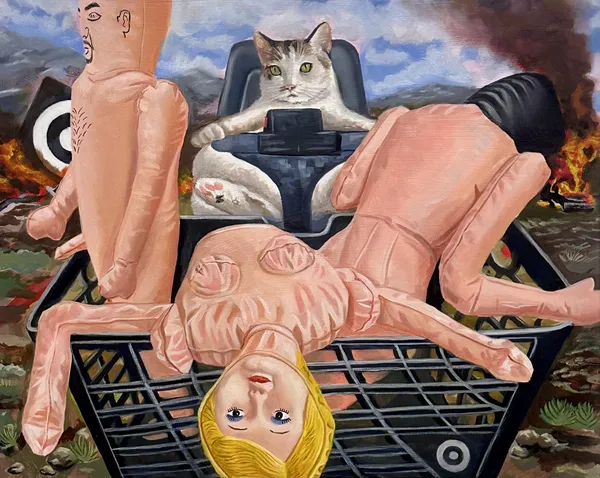 Jesus Lopez painting of partially deflated blow up dolls with cat in background