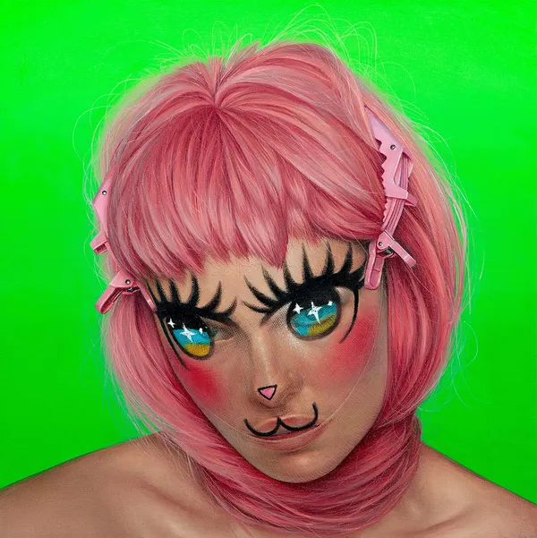 Painting of a person with pink hair wearing a fabric mask with an animated face painted on it