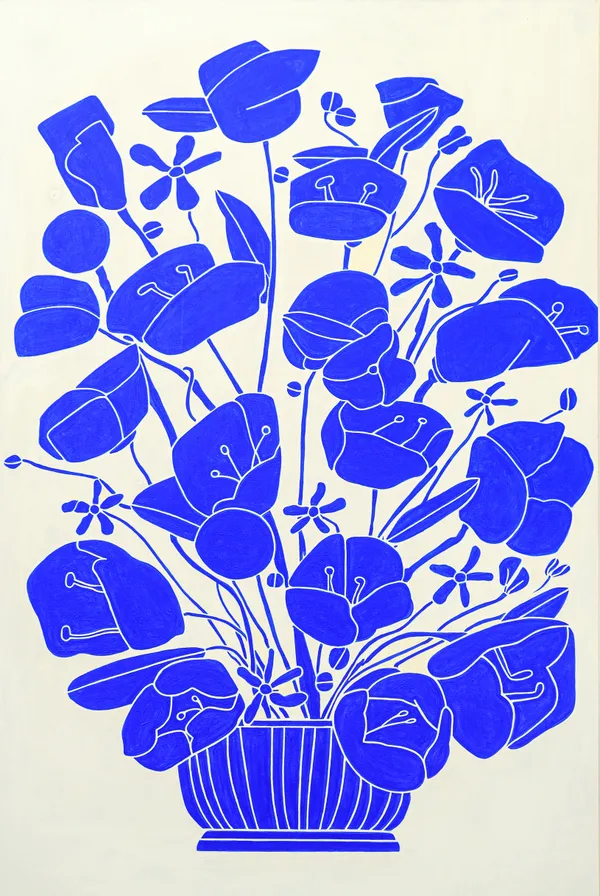 Painting of blue flowers in a vase on a white background by Sebastian Curi