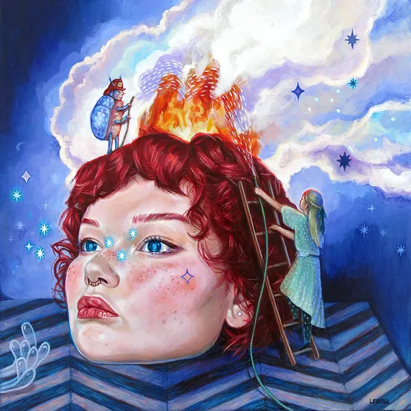 Painting of a woman's head with a firefighter bug on her head holding a hose and a girl with a hose climbing a ladder