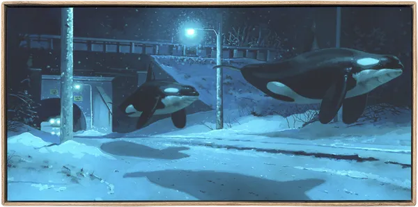 Two killer whales floating above a snow covered road