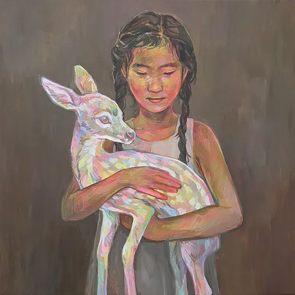 Painting of a girl holding a rainbow colored deer