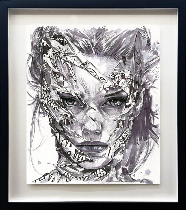 ink drawing of a woman with torn comic book piece across her faces framed