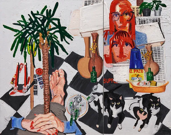 Emilio Villalba painting of faces, cats and various objects