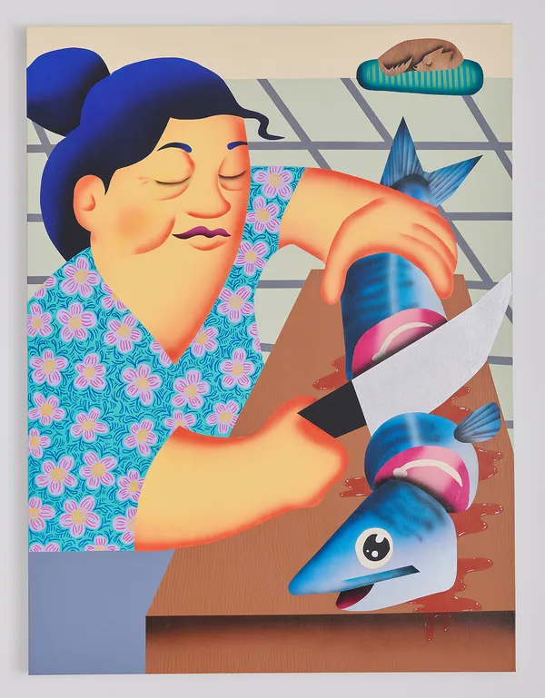Loc Huynh "Holy Mackerel" acrylic and enamel painting on canvas featuring figure cutting a fish on counter, blue tones with pink and green accents