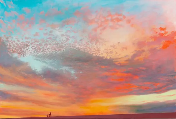 Landscape painting of a sunset with a figure being pulled with a plow by a donkey