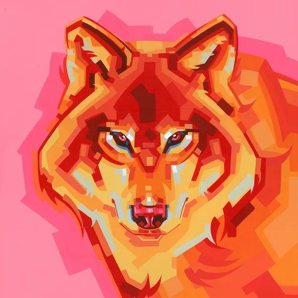 Painting of an orange wolf against a pink background