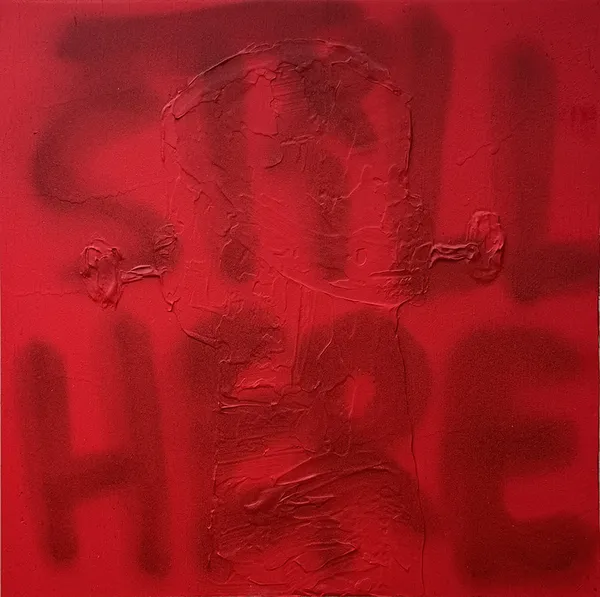 red canvas with the words "Still Here" and a robot figure
