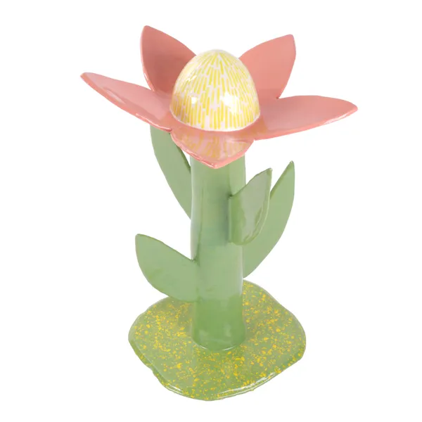 ceramic flower sculpture with pale red petals