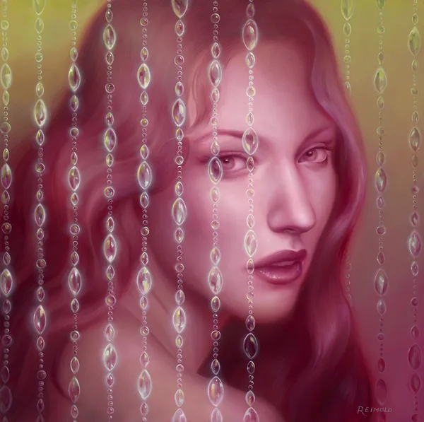 Painted portrait of a woman's face in pink behind a beaded curtain