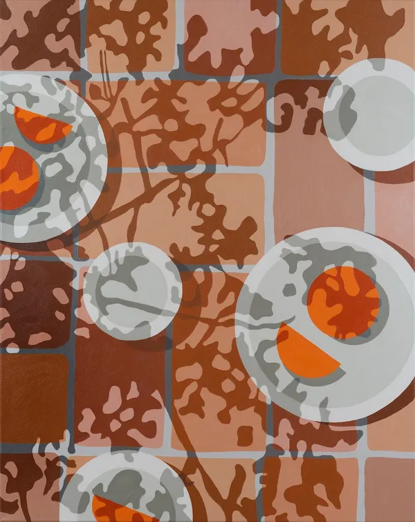 Natalia Juncadella painting of tiled floor with shadows, white plates with oranges