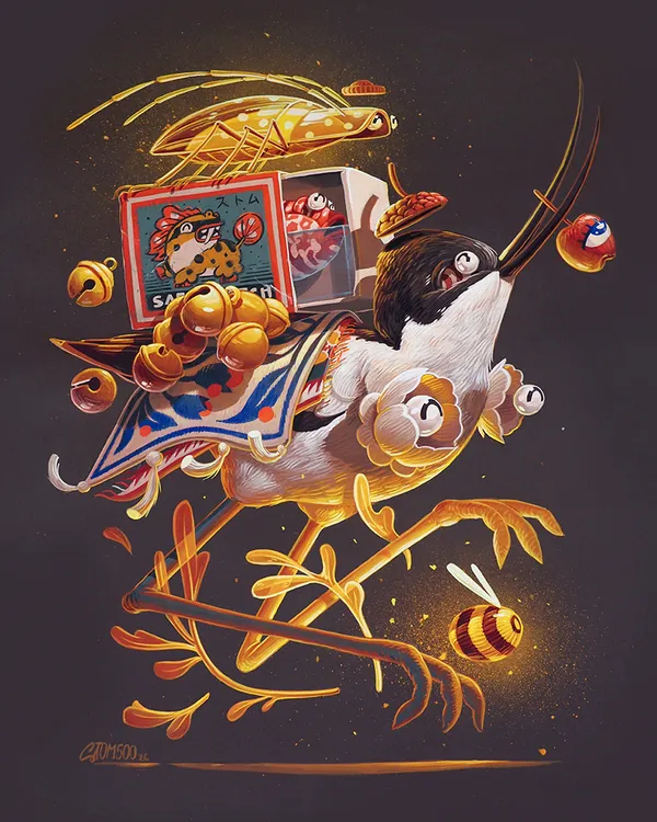 Painting of a bird with golden bugs and bells around it