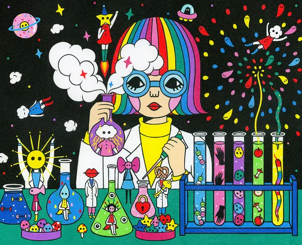 Painting made from sand of a rainbow colored girl mixing liquids in test tubes and beakers