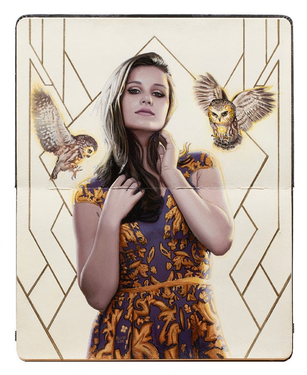 Painting of a woman in a patterned yellow and purple dress with two owls flying near her head and geometric shapes in the background