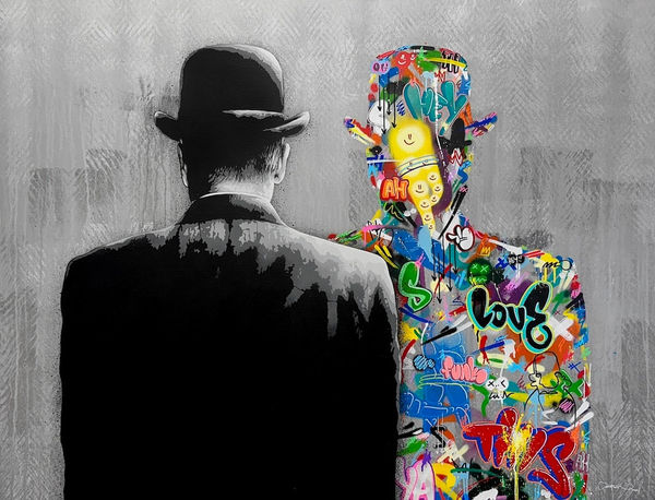 black and white image of the back of a man wearing a bowler hat. A reflection of the man is in front of him made from graffiti