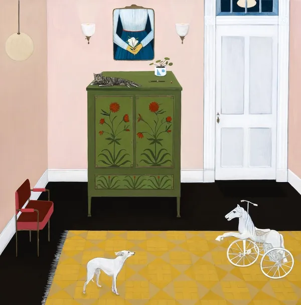 Painting by Angela Burson of a small pink room. Inside the room is a tiny red velvet chair, a green dresser with floral details on the doors, a cat, a dog, and a horse tricycle.