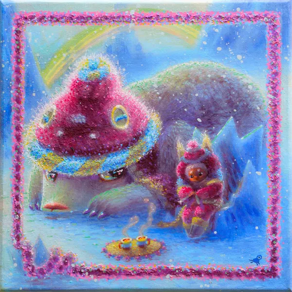 Painting of a furry creature laying in snow while wearing a pink hat