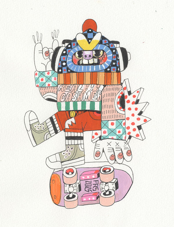 A piece by Ferris Plock of one of his illustrative characters wearing headphones and riding a skateboard. The character is wearing very vivid colorful and pattern filled clothing.
