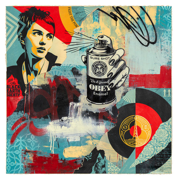 collaged image of a woman holding a spray can with a background of red, blue, black, and yellow shapes and patterns