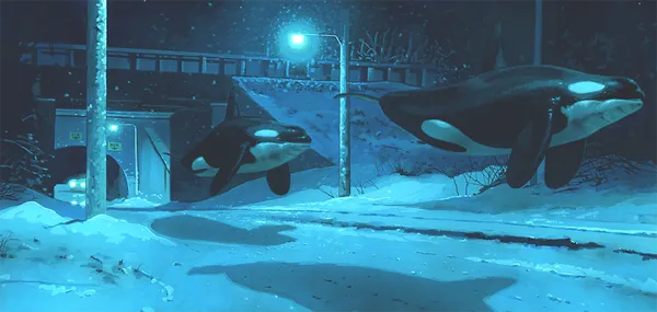 Two killer whales floating above a snow covered road