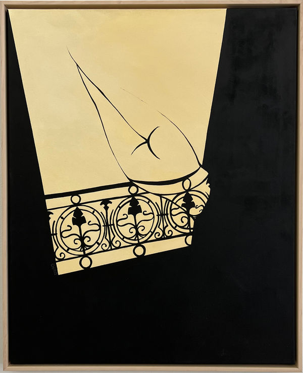 framed black and beige painting of a woman's legs stretched over a balcony