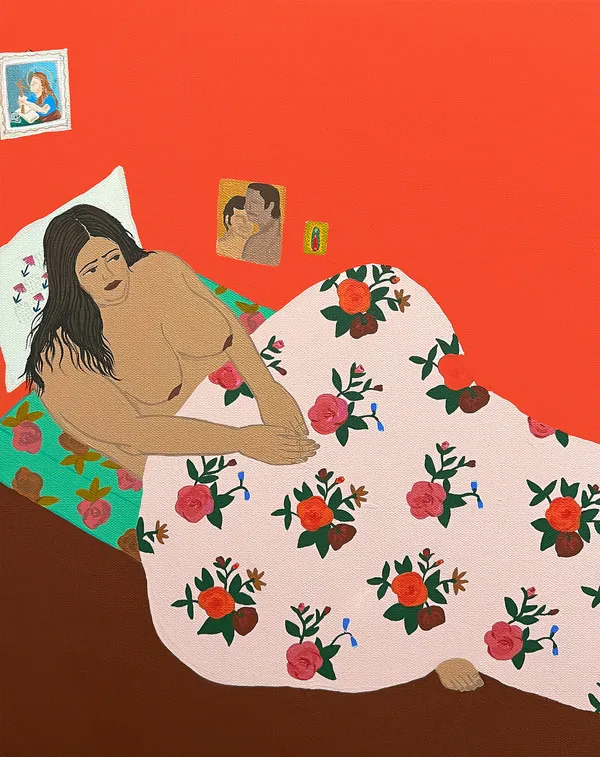painting of a nude woman's back toward the viewer, grasping a floral bed spread while facing a bright blue wall and shelf with various colorful objects by Gina M. Contreras