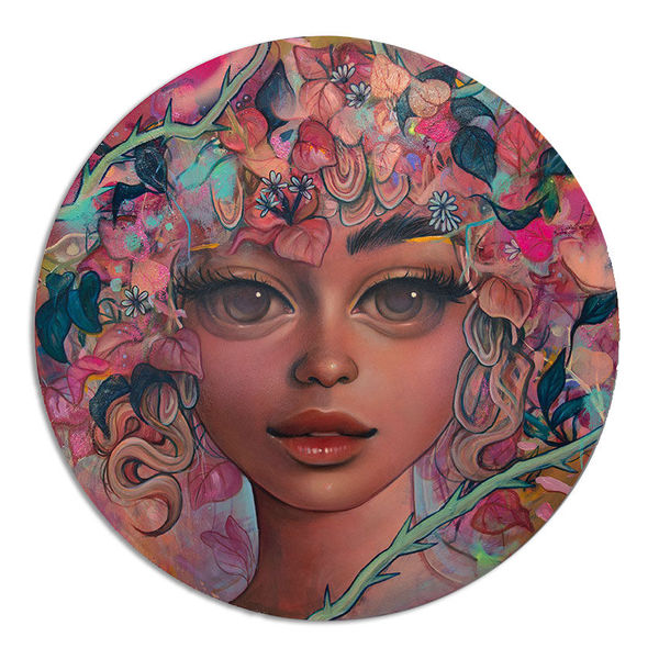 round format portrait of a woman with a head large eyes covered in flowers
