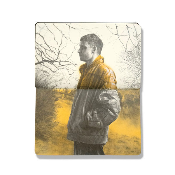 open face Moleskine notebook with a painting of a person wearing a yellow and gray hooded garment with their hands in their pockets against a yellow and gray background by artist James Thistlethwaite