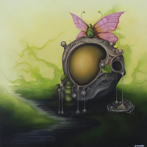 Painting of a green and gray orb with a green moth with pink wings on it