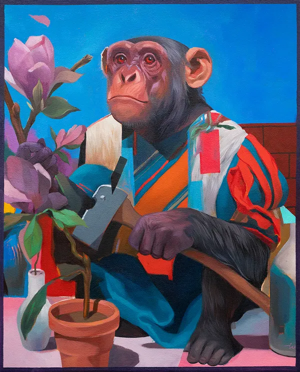 Painting of a chimpanzee wearing a jacket and holding an axe