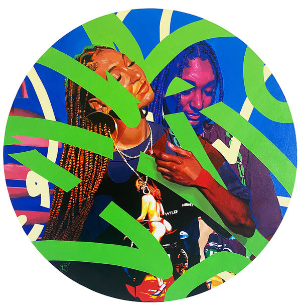 Circular painting of two girls with braided hair and green and blue geometric patterns