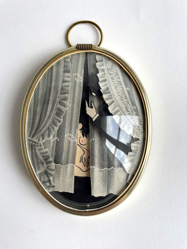 nude woman standing behind lace curtains