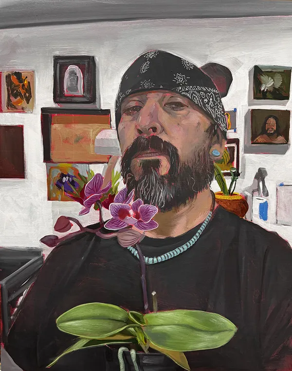 Painting of a man with a beard wearing a bandana standing behind a purple orchid
