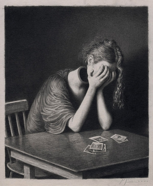 black and white drawing of a woman sitting at a table and holding her detached head in her hands