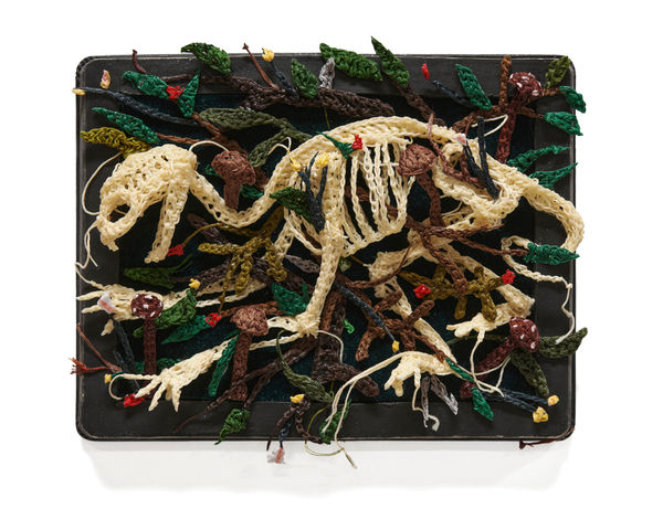 Caitlin McCormack The Only Witness to a Vanished World, 2022 crocheted cotton string, glue, foraged pigment, enamel paint, steel pins, velvet on Moleskine 7 1/2 x 7 x 1 1/4 in 19.1 x 17.8 x 3.2 cm