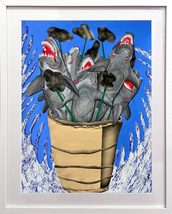 framed David heo collage of a bouquet of sharks