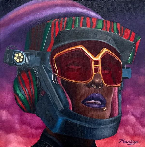 Painted portrait of a woman with gold geometric sunglasses and a red and green patterned helmet