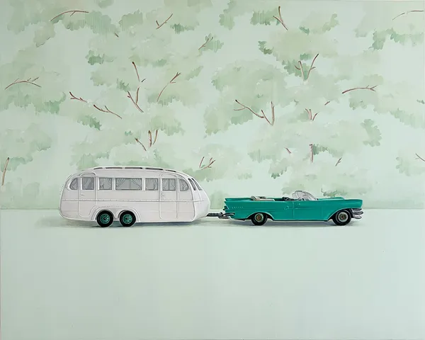 Painted of a teal convertible car with a white trailer behind it